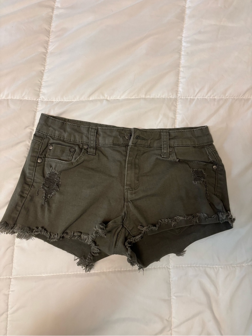 Tractr Olive Green Distressed Denim Cutoff Shorts